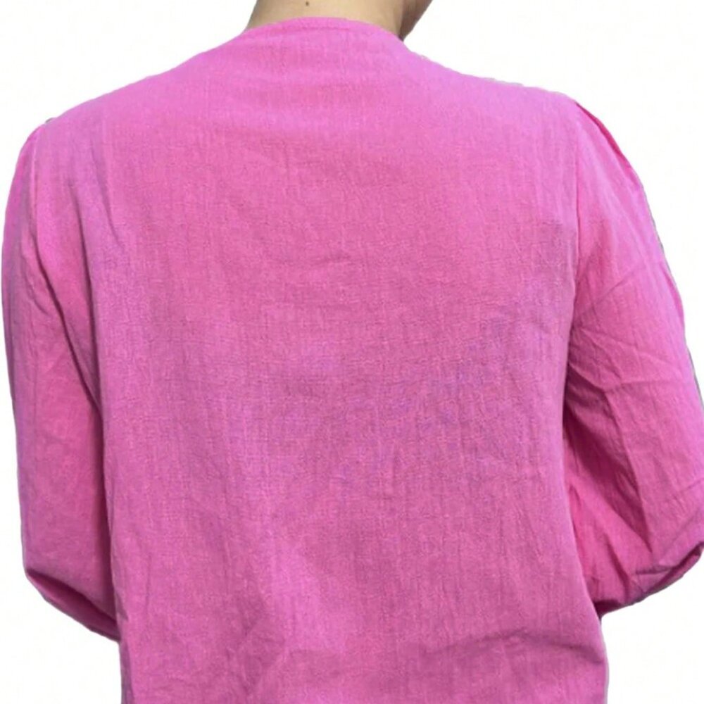 Hot Pink Casual Women's Solid Color Front Tie Lantern Sleeve Loose Blouse - Picture 2 of 5